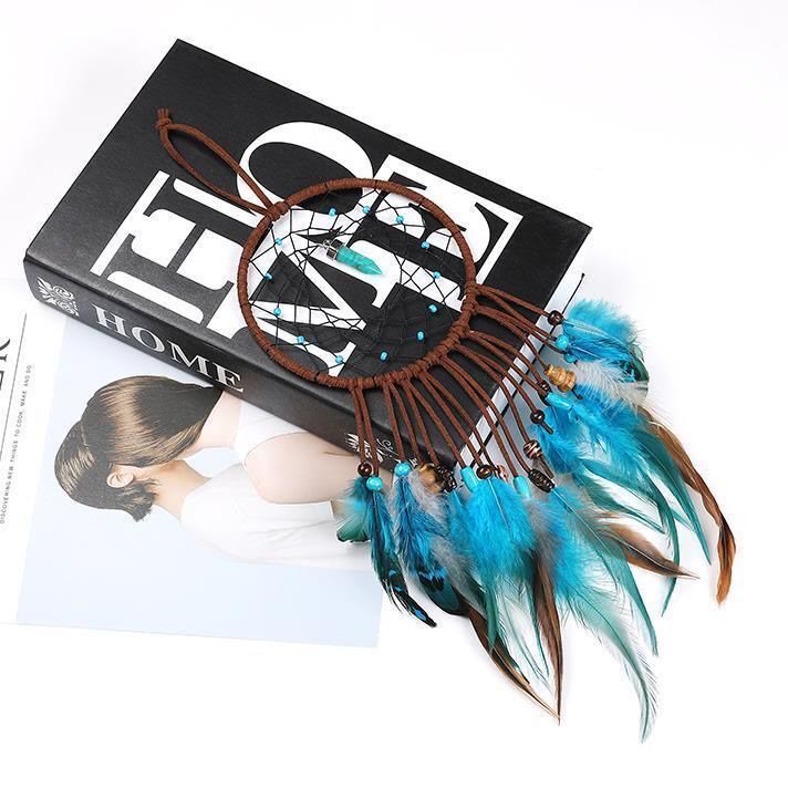 Attrape-rêves traditionnel en plumes turquoise fait main Olivenorma