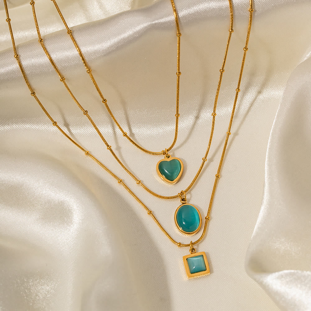Collier pendentif carré en forme de cœur avec pierre œil de chat bleu Olivenorma 