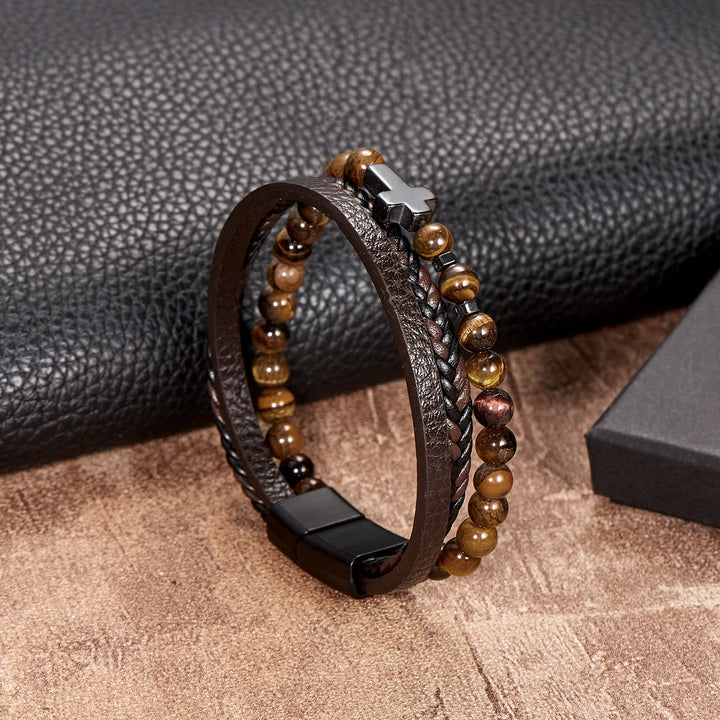 Bracelet en cuir tressé pour homme avec perles en pierre naturelle Olivenorma - Œil de tigre - image 1