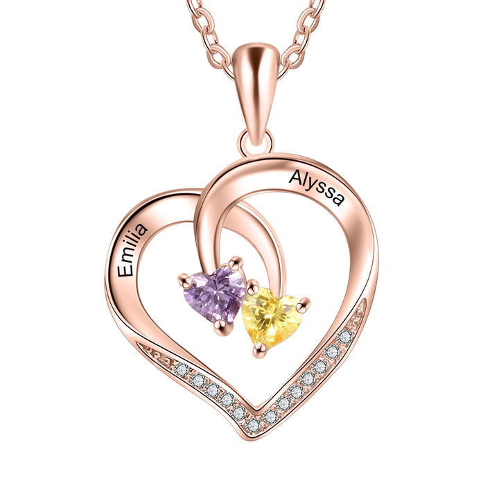 Collier personnalisé Olivenorma avec 2 pierres de naissance gravées et un cœur