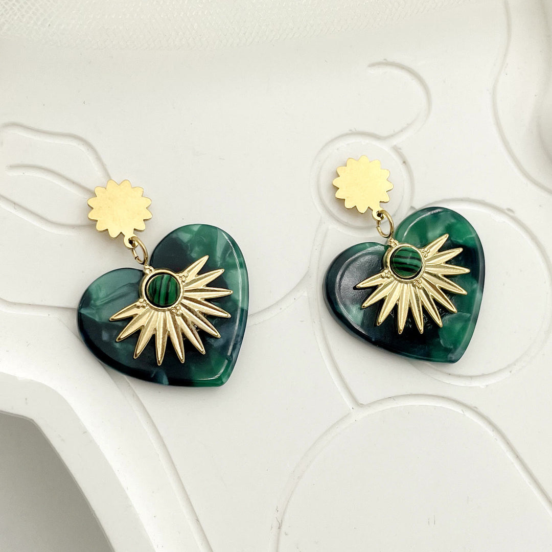 Boucles d'oreilles en forme de cœur en acier inoxydable doré et agate mousse Olivenorma 