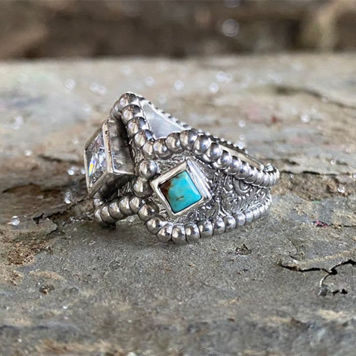 Bague vintage Olivenorma avec incrustation de turquoise et de zircon 