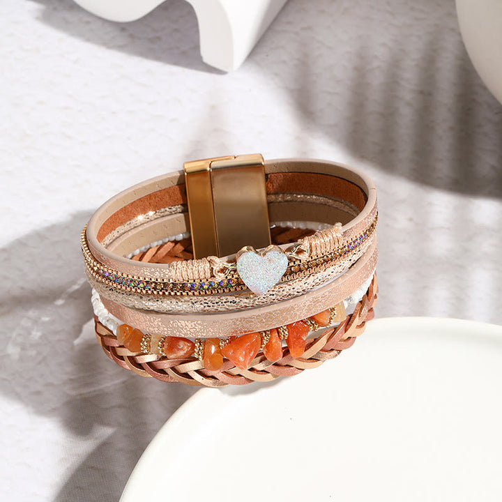 Bracelet en cuir avec breloque en forme de cœur et perles en cristal naturel Olivenorma