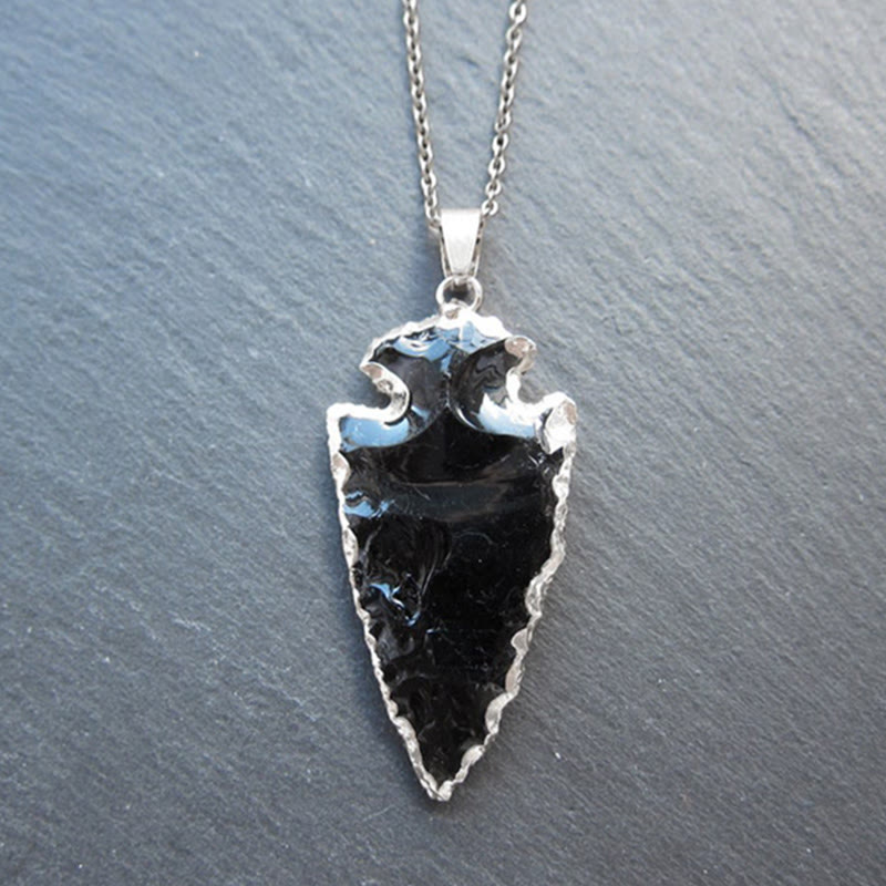Collier en pointe de flèche en cornaline et cristal naturel Olivenorma - Obsidienne#Chaîne en argent - image 0