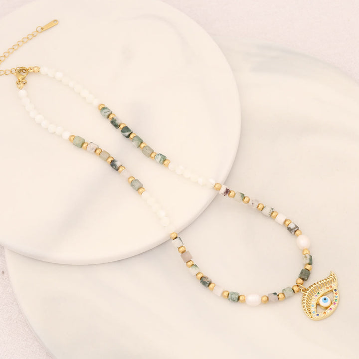 Collier pendentif mauvais œil en pierre de cristal de perle naturelle Olivenorma 