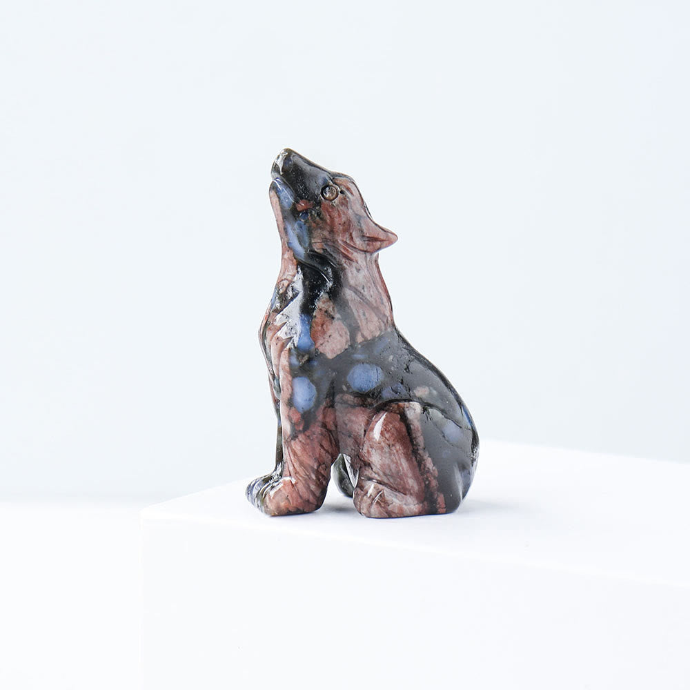 Décoration en pierre précieuse sculptée en forme de loup en cristal Olivenorma de 2 po