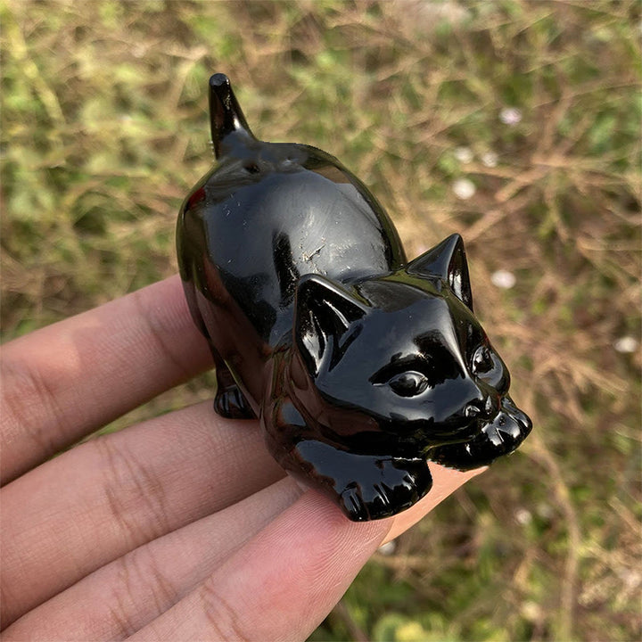 Décoration en pierre précieuse sculptée en forme de chat en obsidienne naturelle Olivenorma 