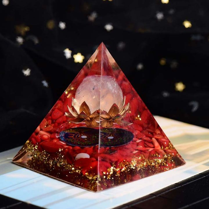 Pyramide d'orgone en quartz rose corail rouge Olivenorma