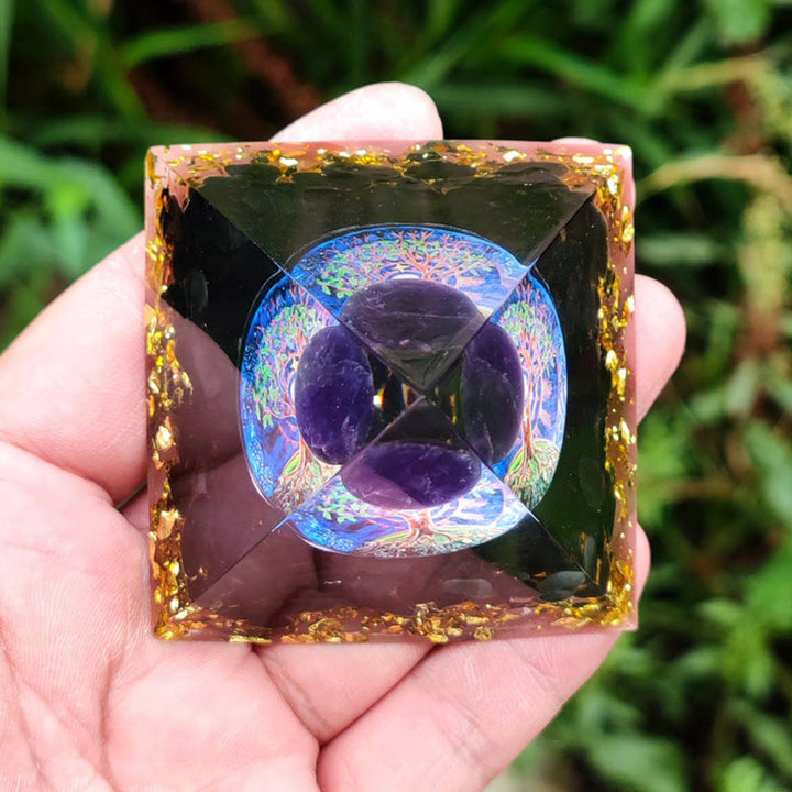 Sphère de cristal d'améthyste Olivenorma avec pyramide d'orgone en cristal naturel d'obsidienne 