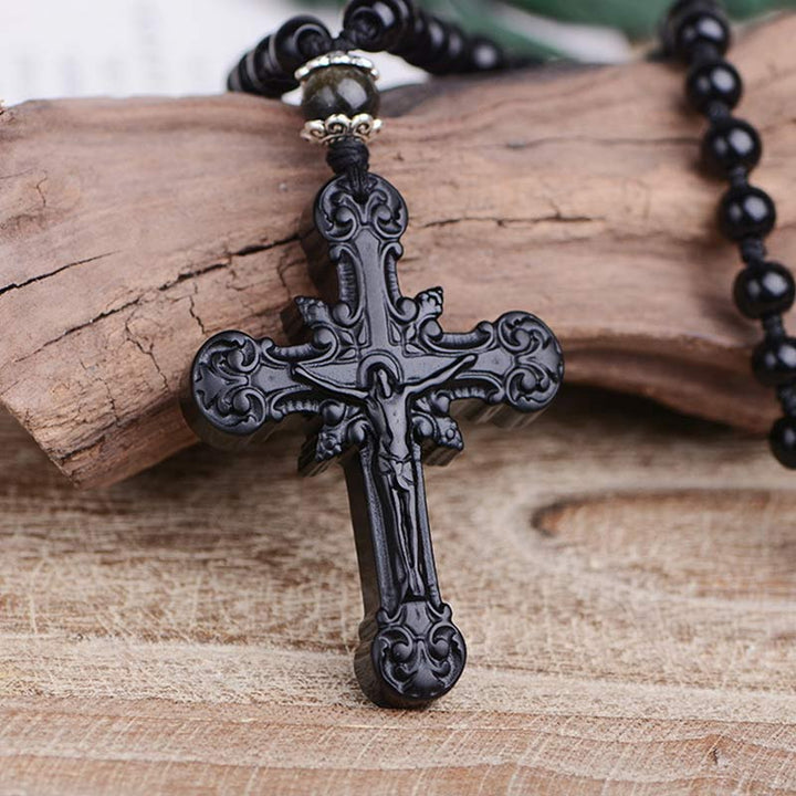 Collier symbole de croix en obsidienne Olivenorma 