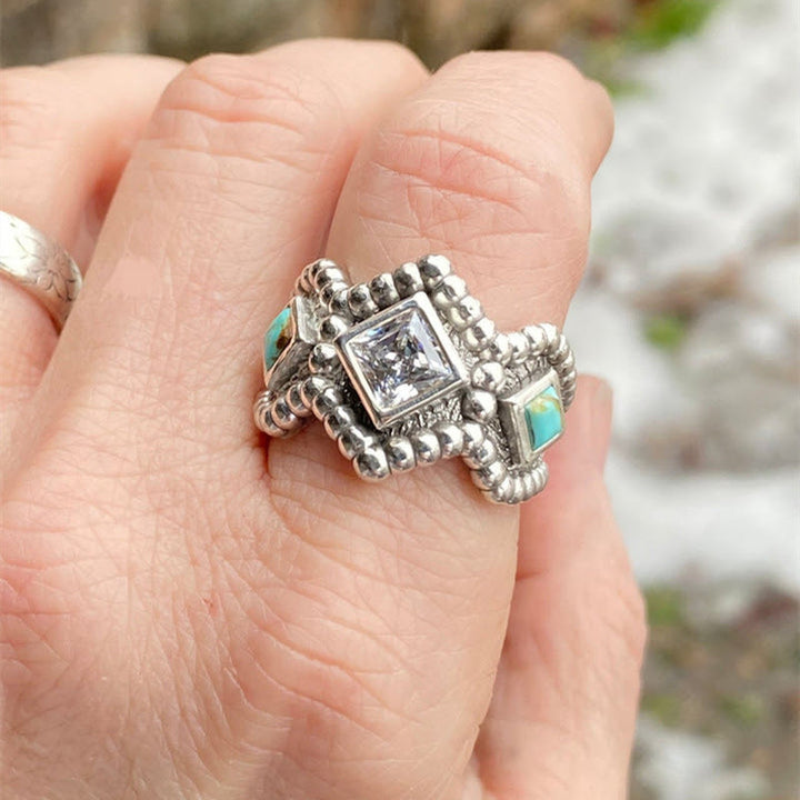 Bague vintage Olivenorma avec incrustation de turquoise et de zircon 