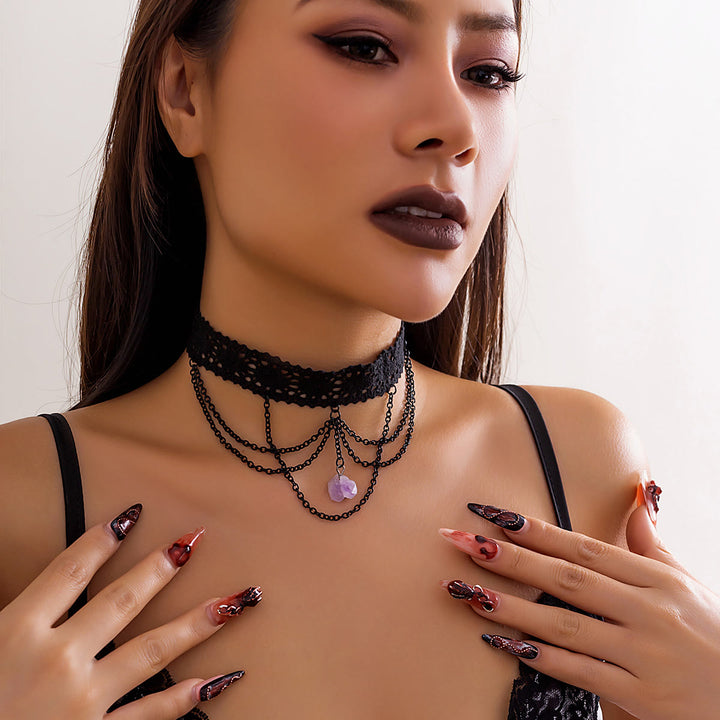 Collier ras du cou gothique en dentelle améthyste Olivenorma pour Halloween