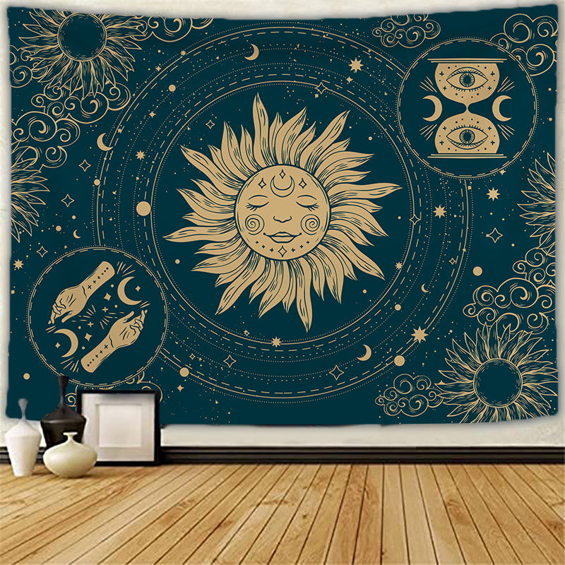 Tapisserie murale de méditation avec tatouage de chat et soleil et lune Olivenorma