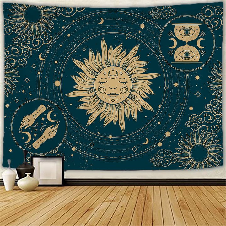 Tapisserie murale de méditation avec tatouage de chat et soleil et lune Olivenorma