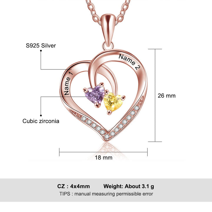 Collier personnalisé Olivenorma avec 2 pierres de naissance gravées et un cœur