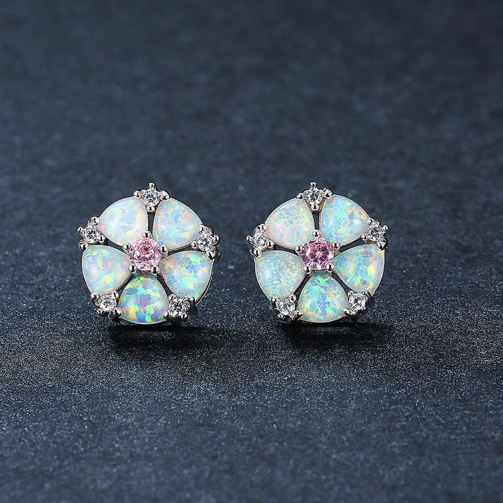 Boucles d'oreilles en forme de fleur d'opale Olivenorma - Opale blanche et zircon rose - image 11