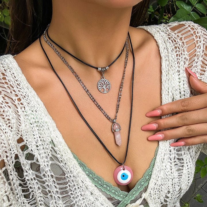 Ensemble de colliers avec pendentif en obsidienne et arbre de vie contre le mauvais œil Olivenorma 