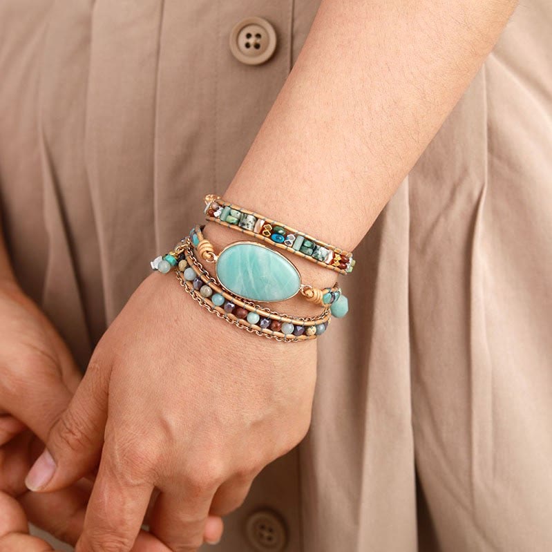 Bracelet en cuir tressé à la main en amazonite naturelle