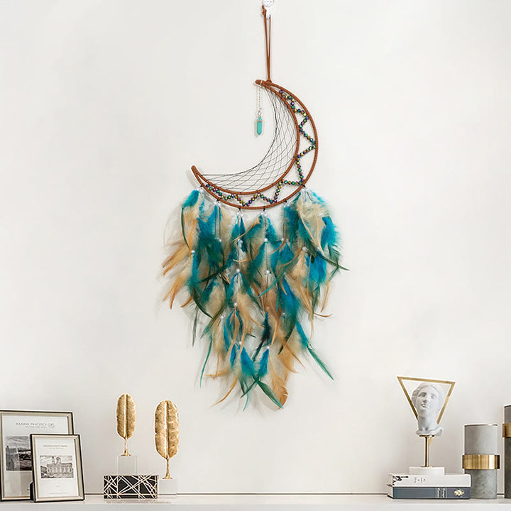 Pendentif turquoise Olivenorma en perles d'hématite et plumes de lune attrape-rêves 
