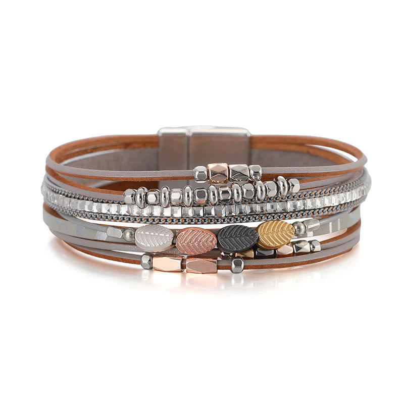Bracelet en cuir à plusieurs niveaux avec feuille de zircon blanc et hématite Olivenorma