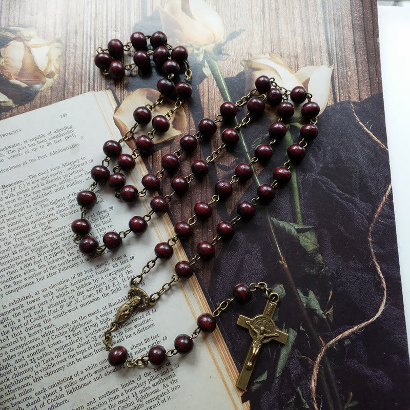 Collier avec pendentif en forme de croix en cuivre et chapelet en bois Olivenorma 
