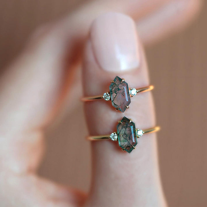 Bague ajustable Olivenorma en agate mousse hexagonale et zircon blanc S925