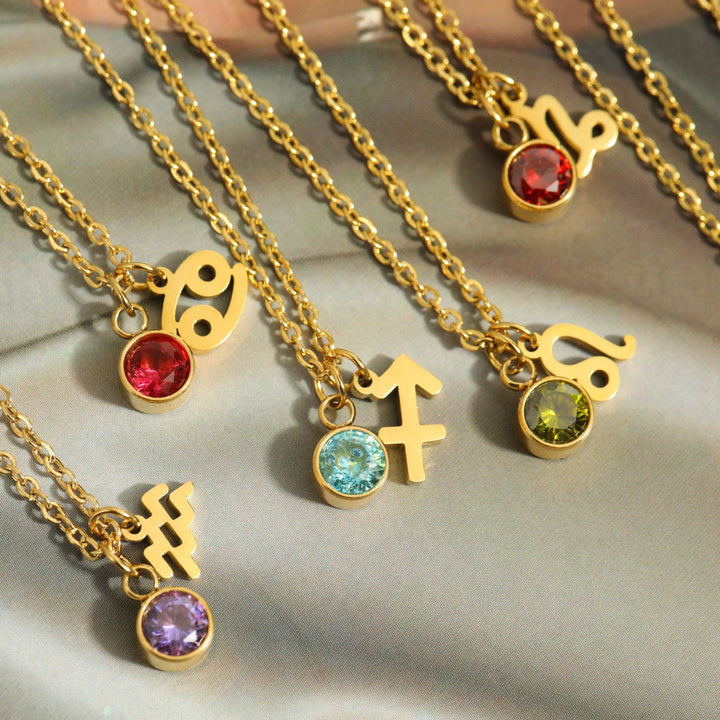 Collier en acier inoxydable avec pierre de naissance et runes du zodiaque Olivenorma