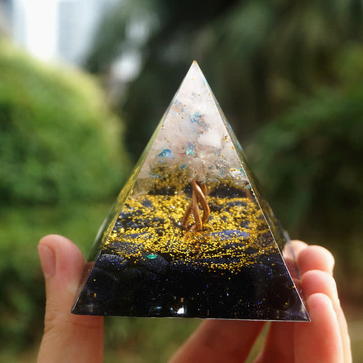 Pyramide d'orgone en quartz rose et grès bleu Olivenorma