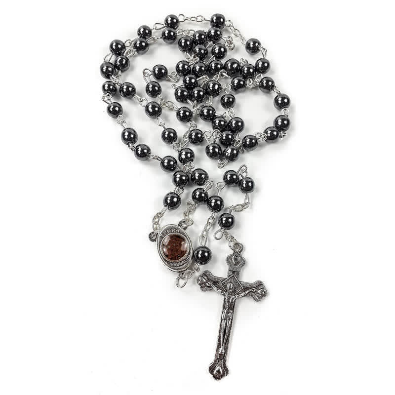 Collier chapelet en onyx noir et agate rouge avec croix Olivenorma