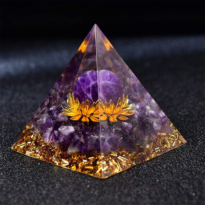 Sphère d'améthyste Olivenorma Symbole de lotus Pyramide d'orgone 