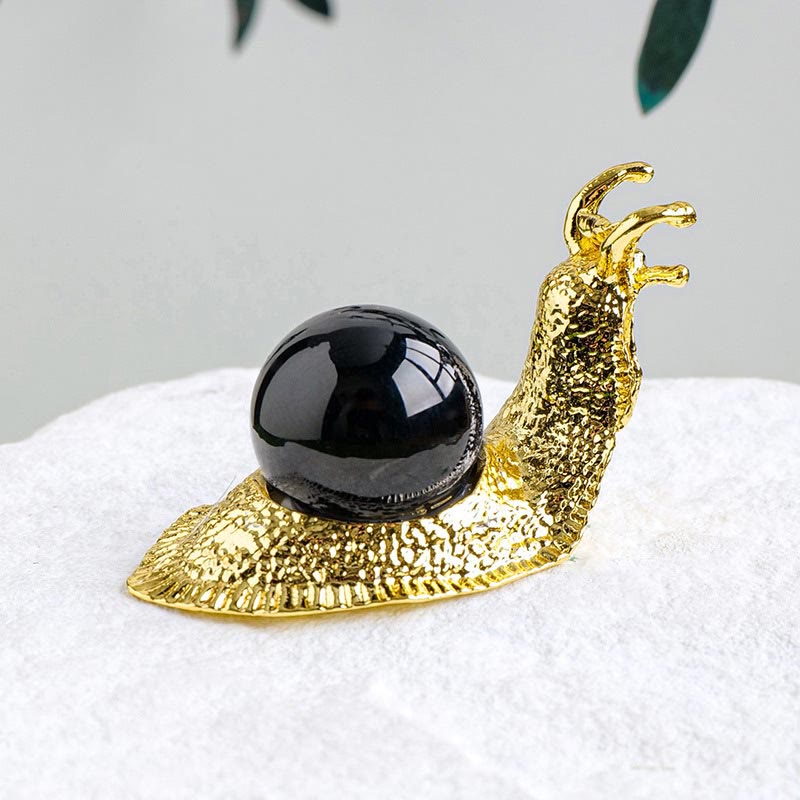 Support de boule de cristal naturel Olivenorma, petite décoration en pierre précieuse en forme d'escargot - Obsidienne - Doré - image 10
