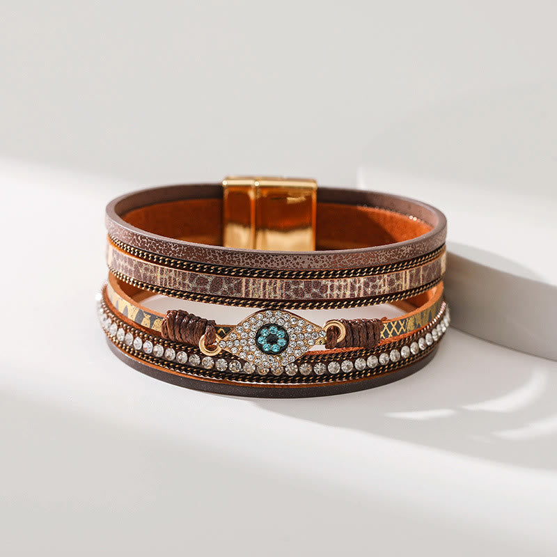 Bracelet Olivenorma en similicuir motif léopard avec zircon et mauvais œil