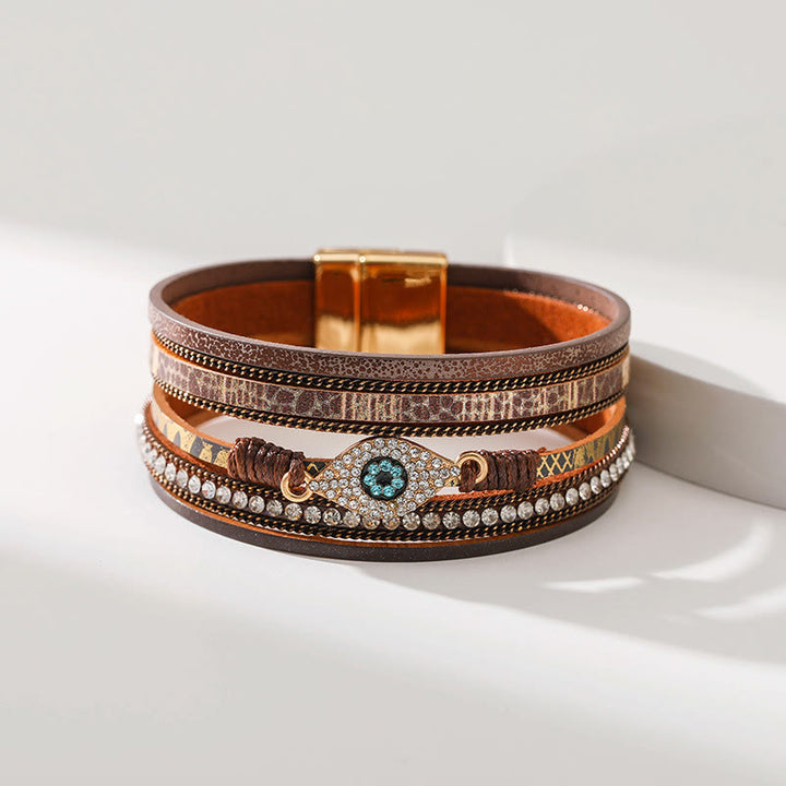 Bracelet Olivenorma en similicuir motif léopard avec zircon et mauvais œil
