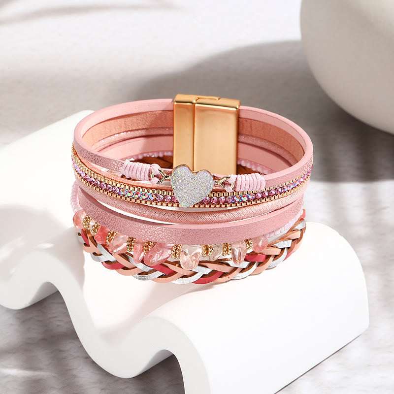 Bracelet en cuir avec breloque en forme de cœur et perles en cristal naturel Olivenorma