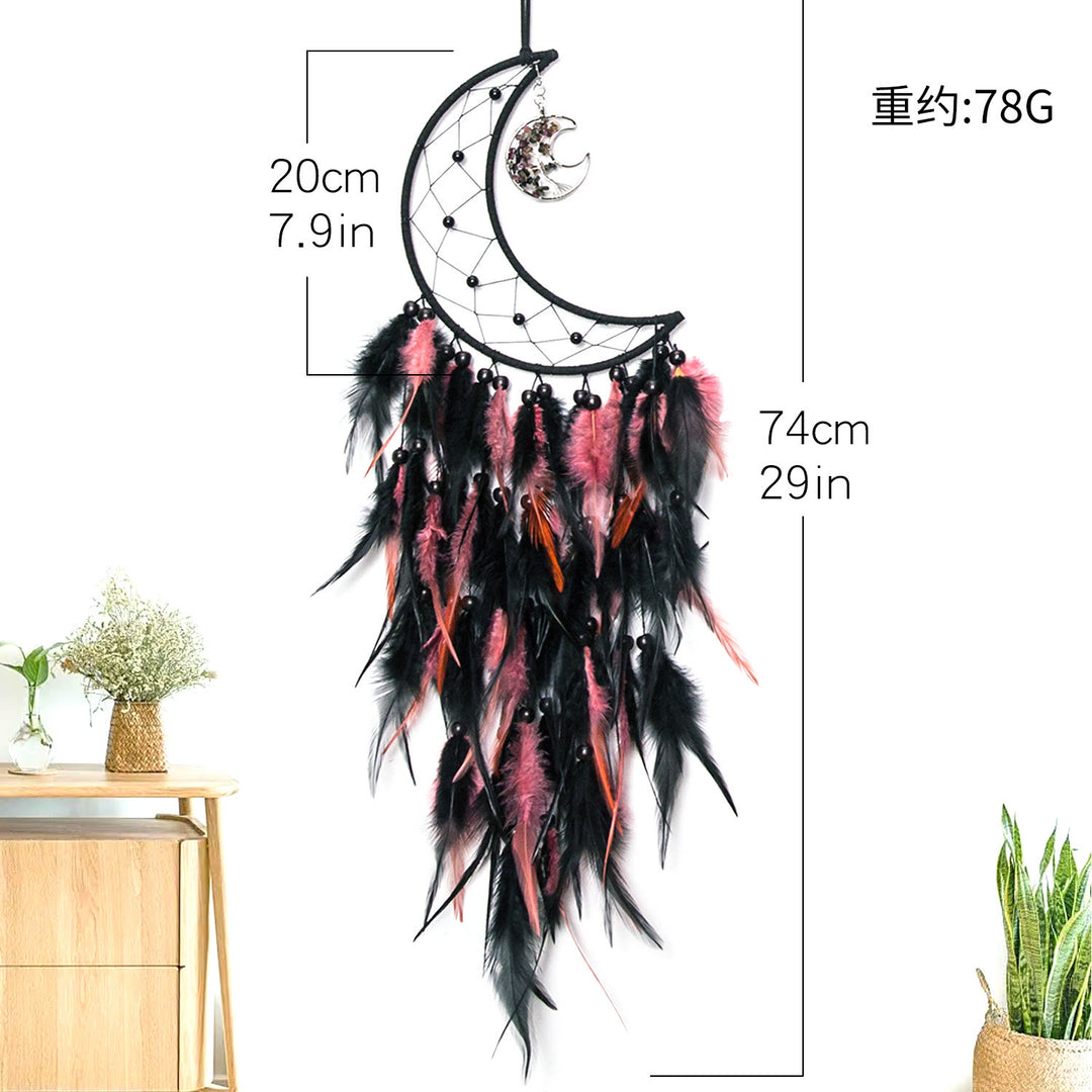 Attrape - rêves en tourmaline noire et rose avec plumes - Lune - image 3