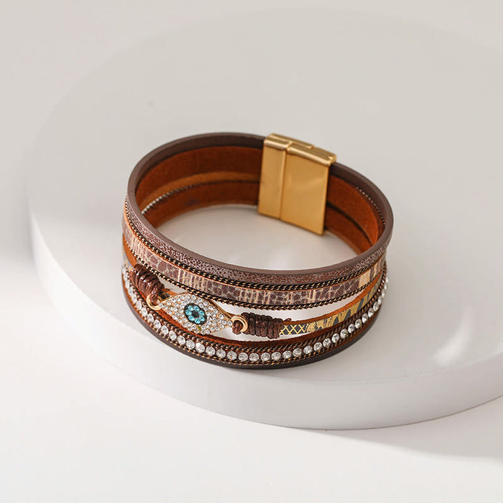 Bracelet Olivenorma en similicuir motif léopard avec zircon et mauvais œil