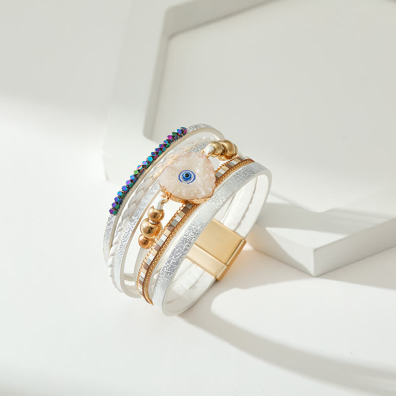 Bracelet Olivenorma « Triple Protection » en forme de cœur avec perles dorées en cristal et mauvais œil