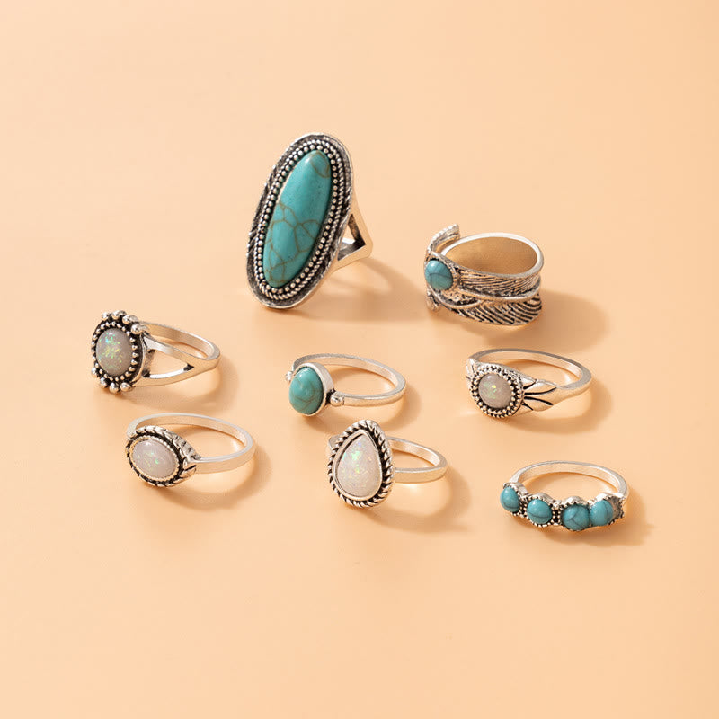 Ensemble de 8 bagues en feuille d'éléphant turquoise et opale Olivenorma 