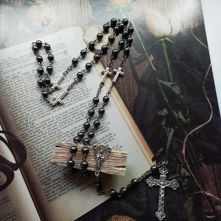 Collier chapelet avec croix en hématite et médaille de Jésus Olivenorma