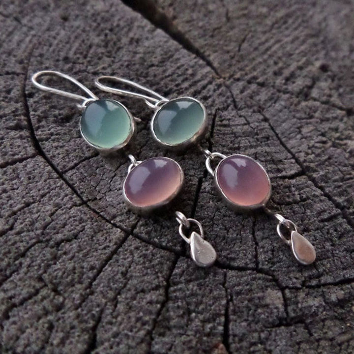 Boucles d'oreilles sorcière en pierre œil de chat rose et verte Olivenorma