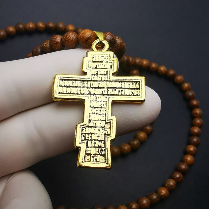 Collier chapelet avec pendentif en croix Olivenorma et perles en bois