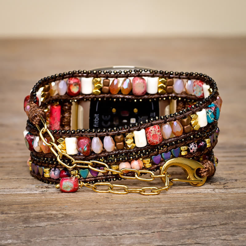 Bracelet de montre Fitbit tissé à la main avec perles en pierre rouge Olivenorma à 3 couches