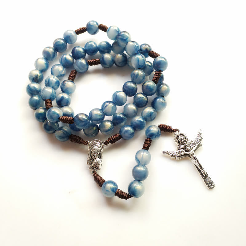 Collier chapelet avec croix de Jésus en pierre œil de chat bleu Olivenorma 