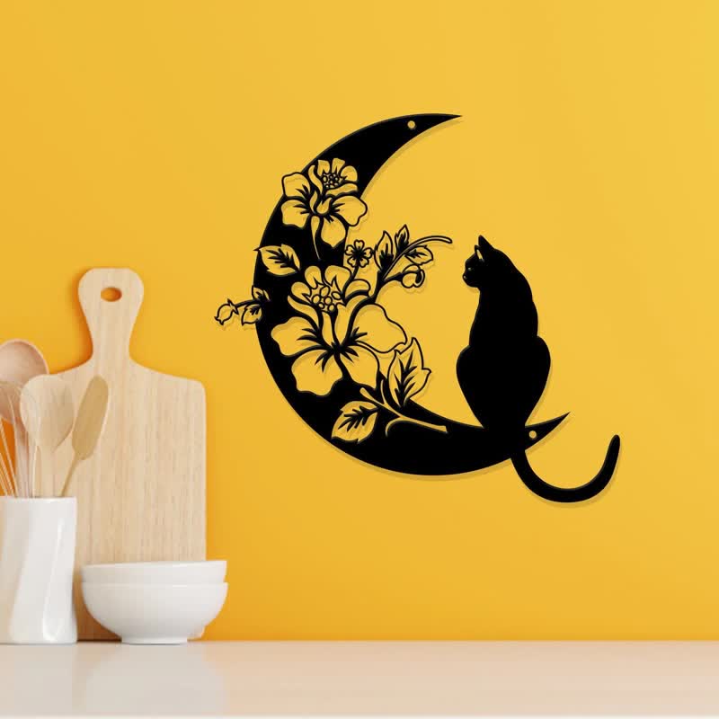Décoration murale en métal avec croissant de lune et chat Olivenorma