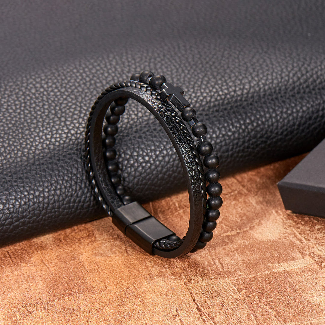 Bracelet en cuir tressé pour homme avec perles en pierre naturelle Olivenorma - Obsidienne - image 3
