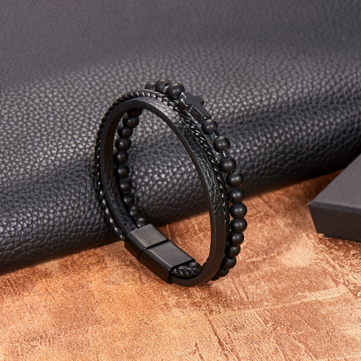 Bracelet en cuir tressé pour homme avec perles en pierre naturelle Olivenorma - Obsidienne - image 3