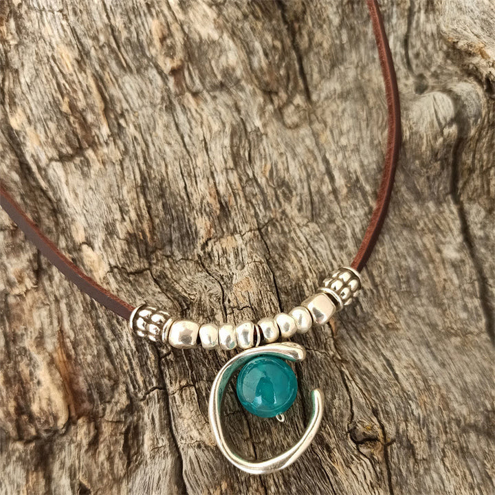 Collier en cuir avec pendentif demi-anneau en aigue-marine Olivenorma