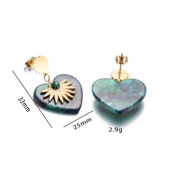 Boucles d'oreilles en forme de cœur en acier inoxydable doré et agate mousse Olivenorma 