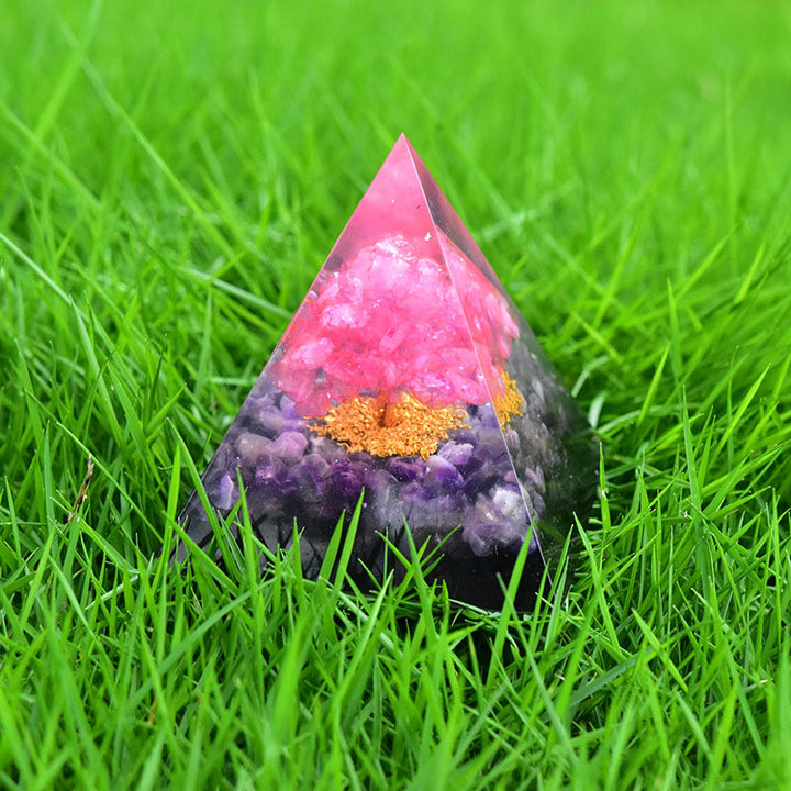 Pyramide d'orgone en obsidienne améthyste avec cristal rose Olivenorma