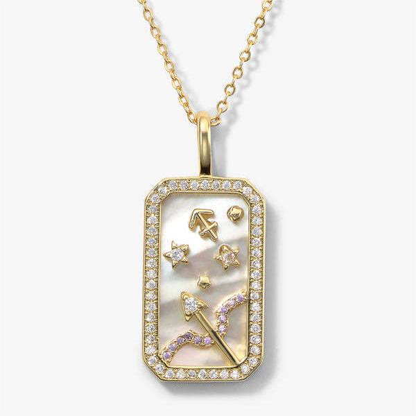 Collier avec plaque signalétique gravée avec 12 signes du zodiaque en zircon blanc Olivenorma 